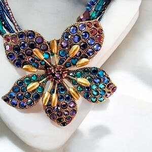 Chico's Multi Strand Floral Adj. Necklace Lobster Claw Blues, Purples & Amber